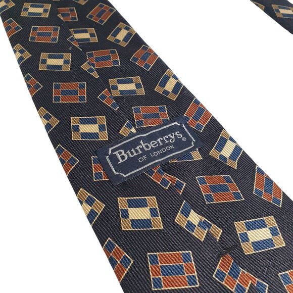Burberrys Of London Men Silk Necktie Black Brown Geometric Pattern 4 Inches Wide - Picture 4 of 5